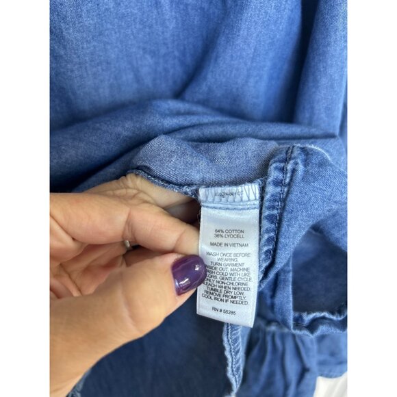 Express Chambray Bell Sleeve Top Blouse Women's Boho Blue Embroidered Floral M - Picture 6 of 9